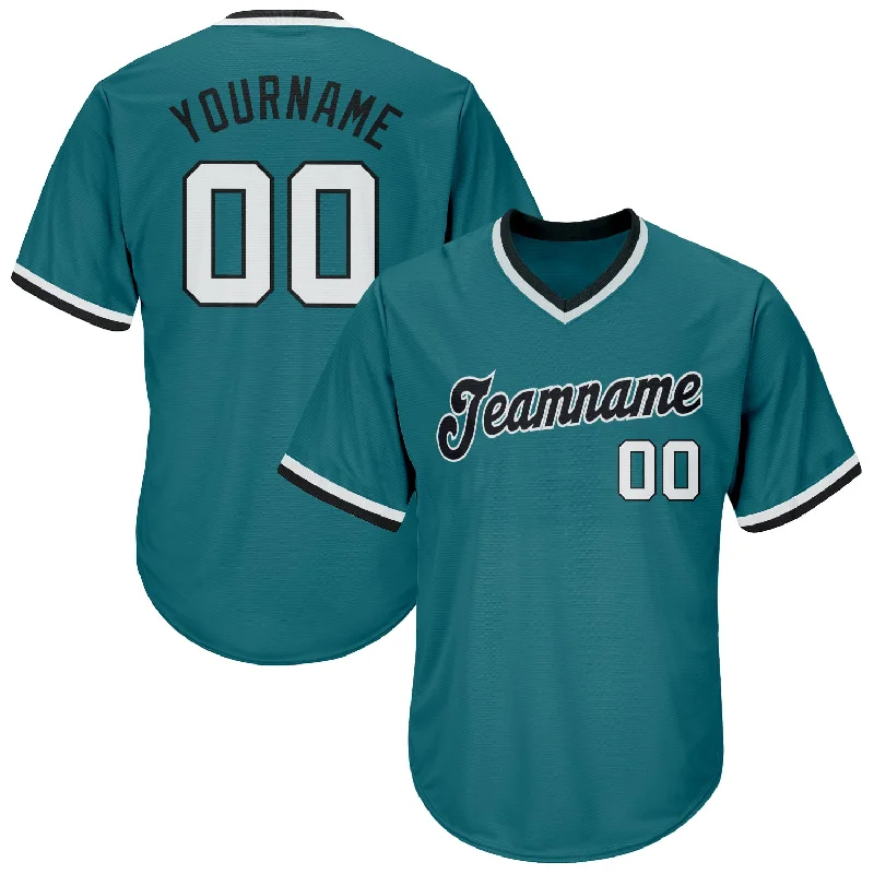 One Size Aqua White-Black Authentic Throwback Rib-Knit Baseball Jersey Shirt