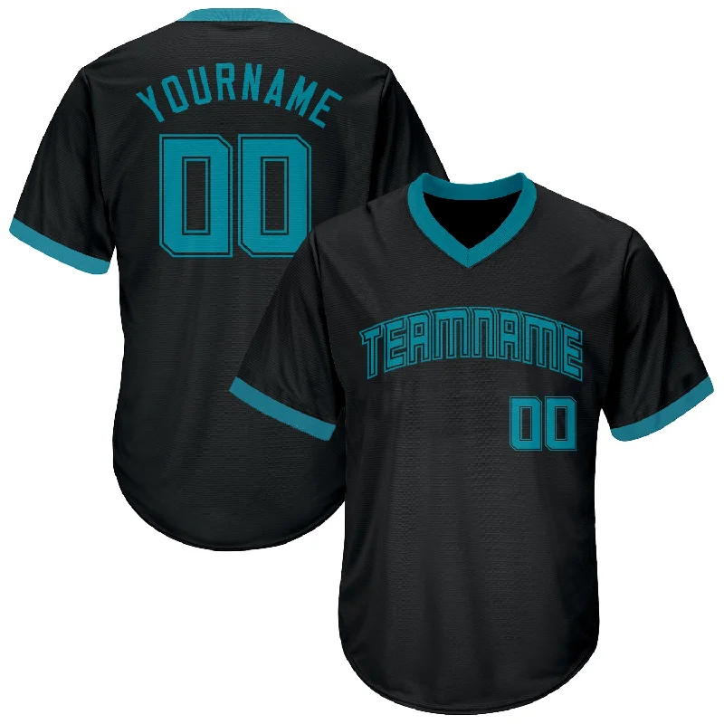 One Size Black Teal-Black Authentic Throwback Rib-Knit Baseball Jersey Shirt