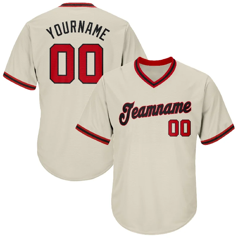 One Size Cream Red-Black Authentic Throwback Rib-Knit Baseball Jersey Shirt