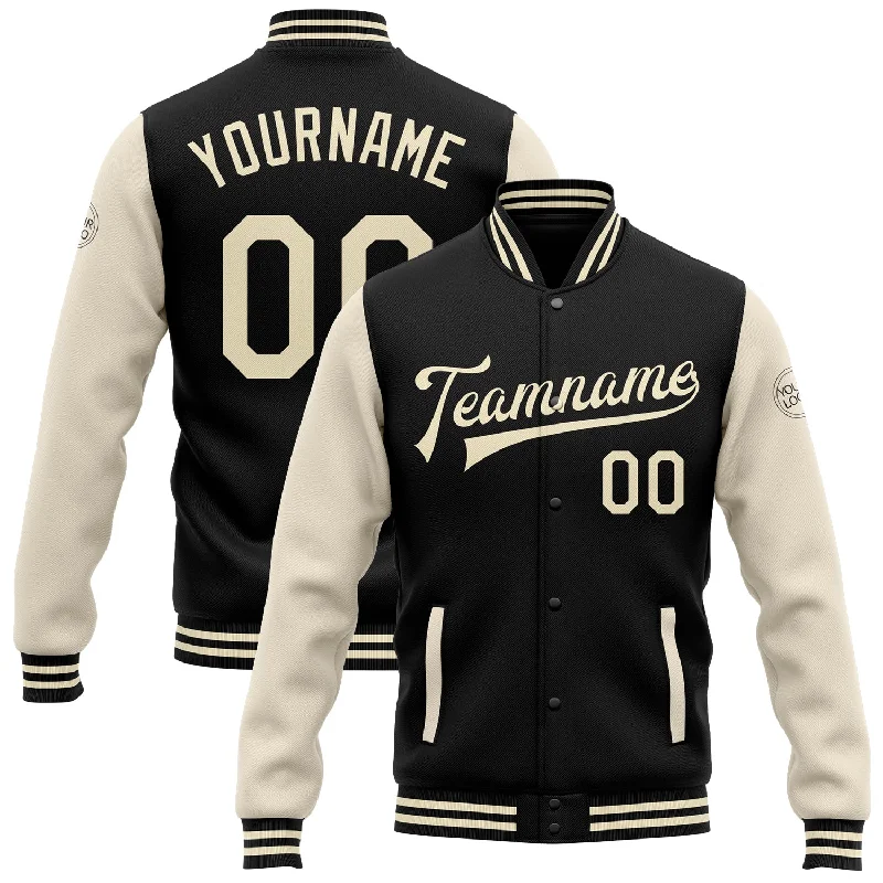 One Size Black Cream Bomber Full-Snap Varsity Letterman Two Tone Jacket