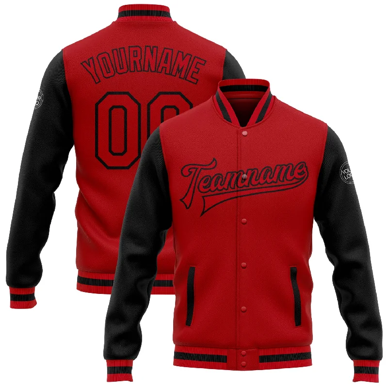 One Size Red Red-Black Bomber Full-Snap Varsity Letterman Two Tone Jacket