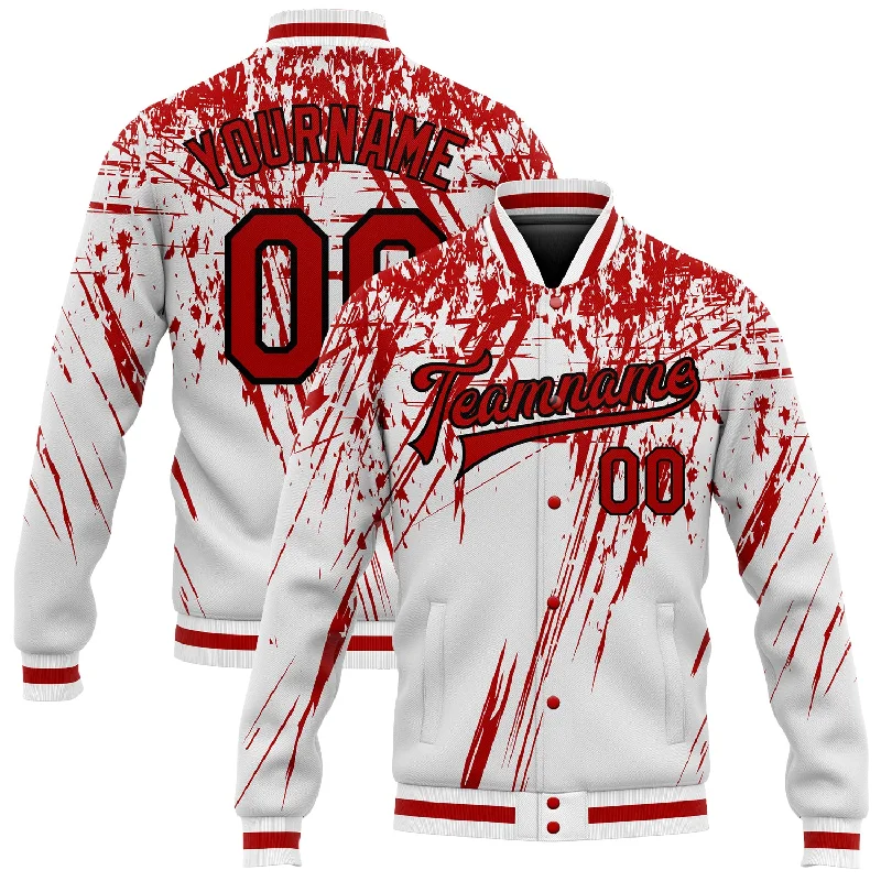 One Size White Red-Black 3D Pattern Design Bomber Full-Snap Varsity Letterman Jacket