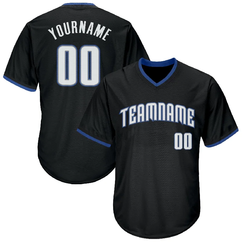 One Size Black White-Blue Authentic Throwback Rib-Knit Baseball Jersey Shirt