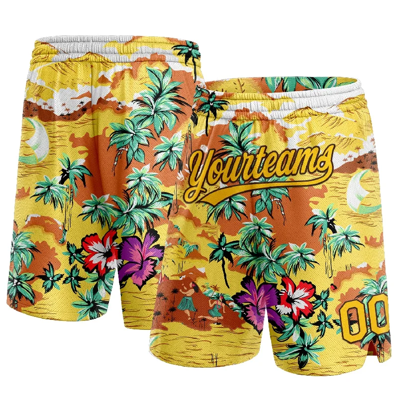 One Size Yellow Brown 3D Pattern Tropical Hawaii Palm Trees Authentic Basketball Shorts