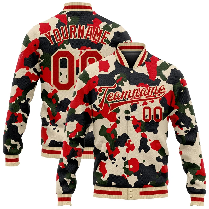 One Size Camo Red-Cream 3D Bomber Full-Snap Varsity Letterman Salute To Service Jacket