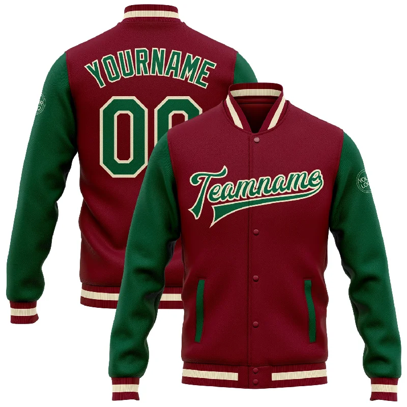 One Size Crimson Kelly Green-Cream Bomber Full-Snap Varsity Letterman Two Tone Jacket