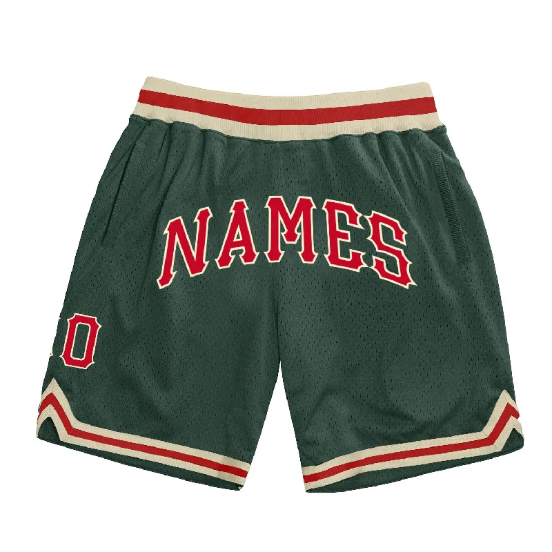 One Size Hunter Green Red-Cream Authentic Throwback Basketball Shorts