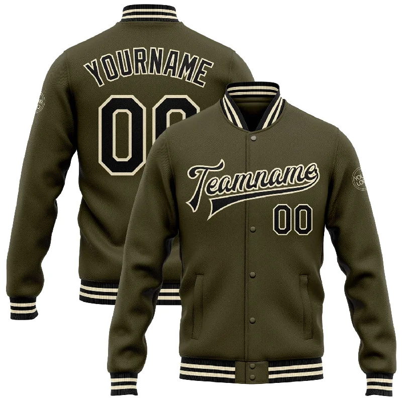 One Size Olive Black-Cream Bomber Full-Snap Varsity Letterman Salute To Service Jacket