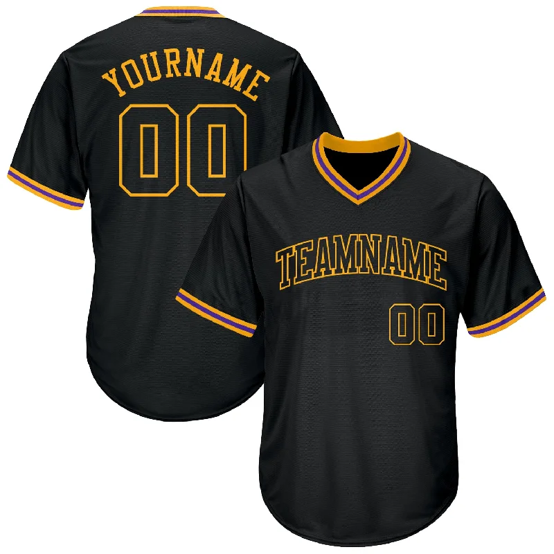 One Size Black Black-Gold Authentic Throwback Rib-Knit Baseball Jersey Shirt