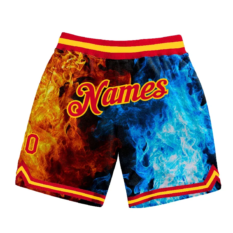 One Size Black Red-Gold 3D Pattern Design Flame Authentic Basketball Shorts