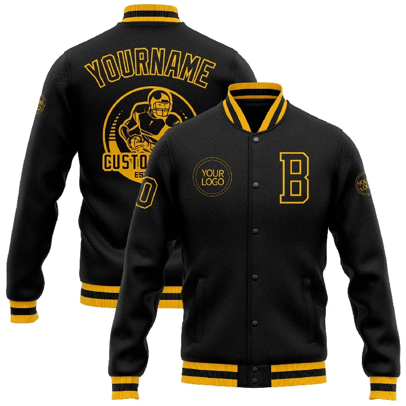 One Size Black Black-Gold Bomber Full-Snap Varsity Letterman Jacket