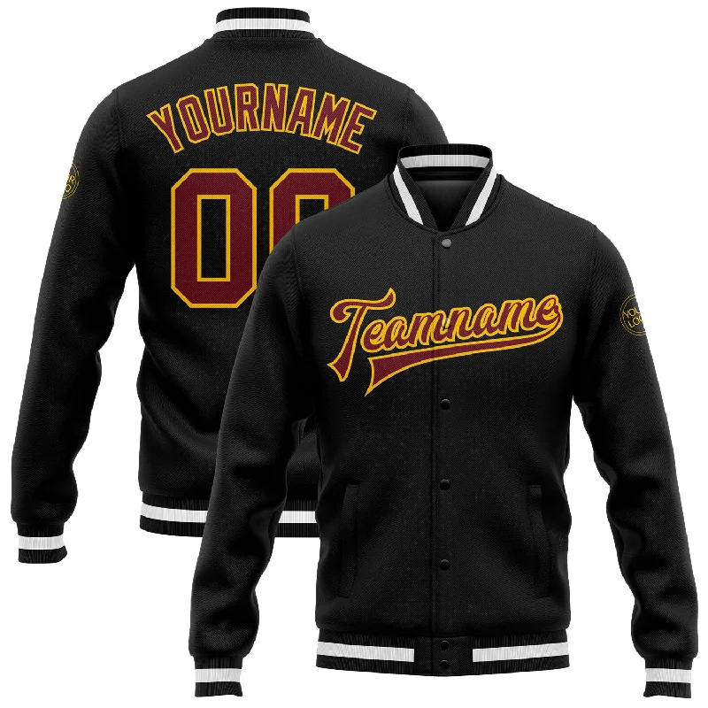 One Size Black Burgundy-Gold Bomber Full-Snap Varsity Letterman Jacket