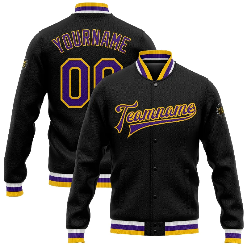 One Size Black Purple-Gold Bomber Full-Snap Varsity Letterman Jacket