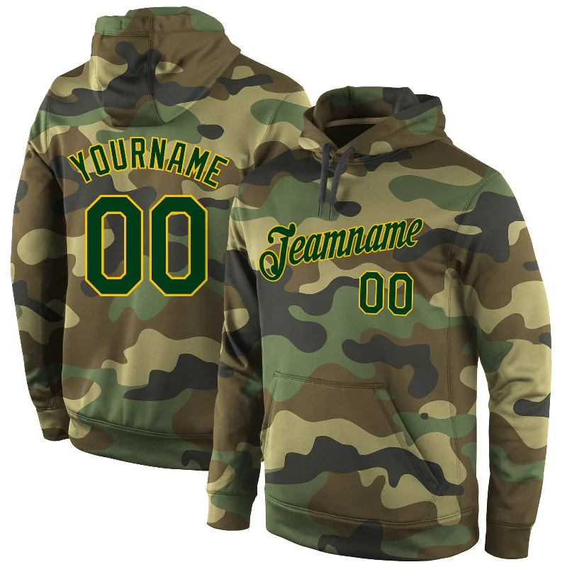 One Size Stitched Camo Green-Gold Sports Pullover Sweatshirt Salute To Service Hoodie