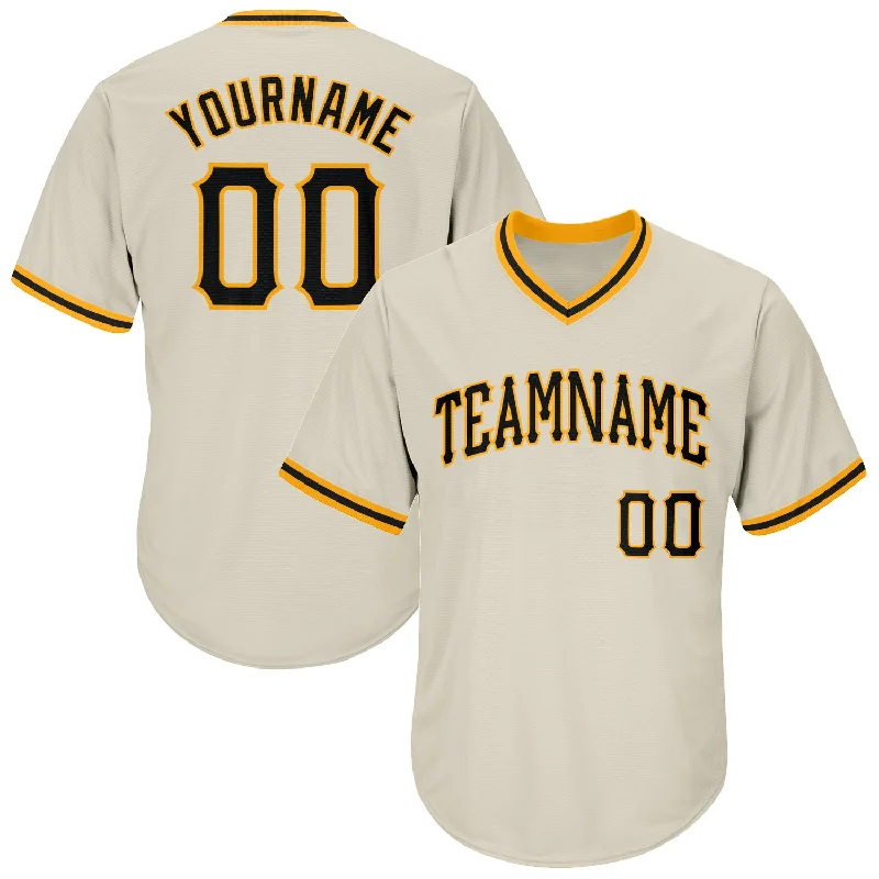 One Size Cream Black-Gold Authentic Throwback Rib-Knit Baseball Jersey Shirt