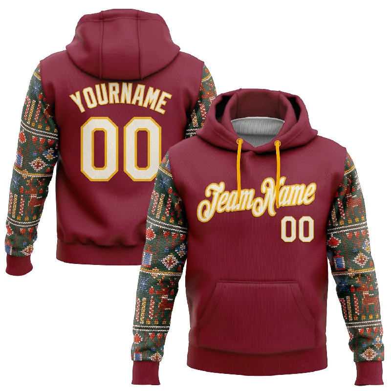 One Size Stitched Crimson Cream-Gold 3D Christmas Sports Pullover Sweatshirt Hoodie