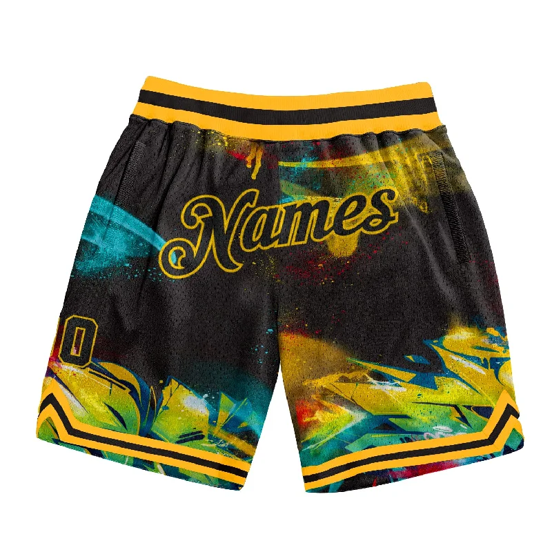 One Size Graffiti Pattern Black-Gold 3D Authentic Basketball Shorts