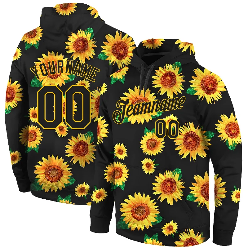 One Size Stitched Graffiti Pattern Black-Gold 3D Sunflowers Sports Pullover Sweatshirt Hoodie