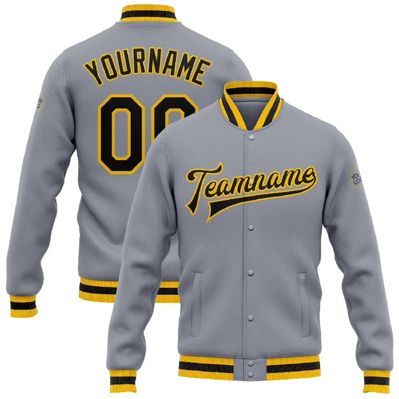 One Size Gray Black-Gold Bomber Full-Snap Varsity Letterman Jacket