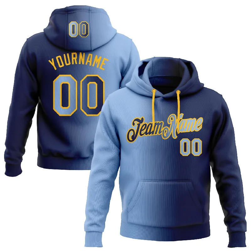 One Size Stitched Navy Light Blue-Gold Gradient Fashion Sports Pullover Sweatshirt Hoodie