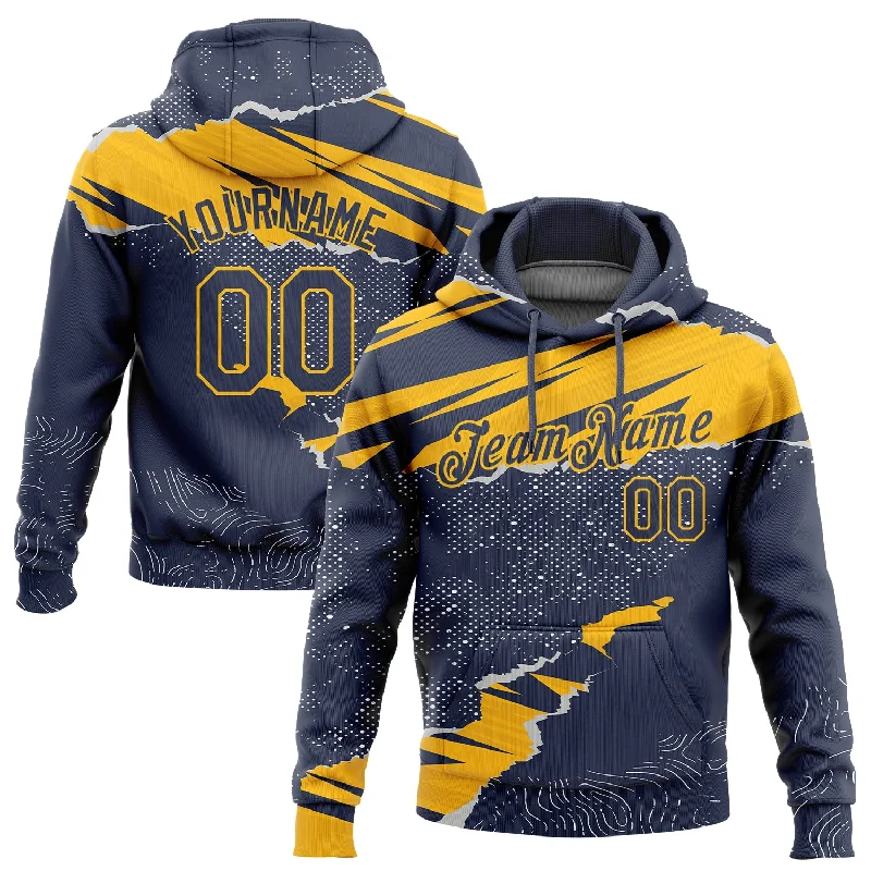 One Size Stitched Navy Gold 3D Pattern Design Torn Paper Style Sports Pullover Sweatshirt Hoodie