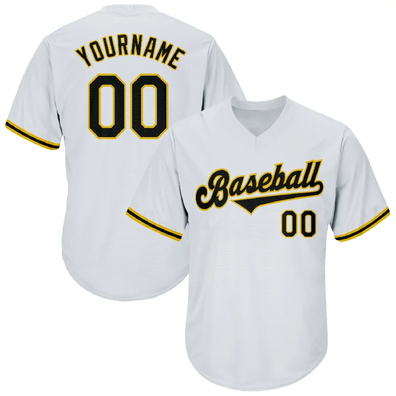 One Size White Black-Gold Authentic Throwback Rib-Knit Baseball Jersey Shirt