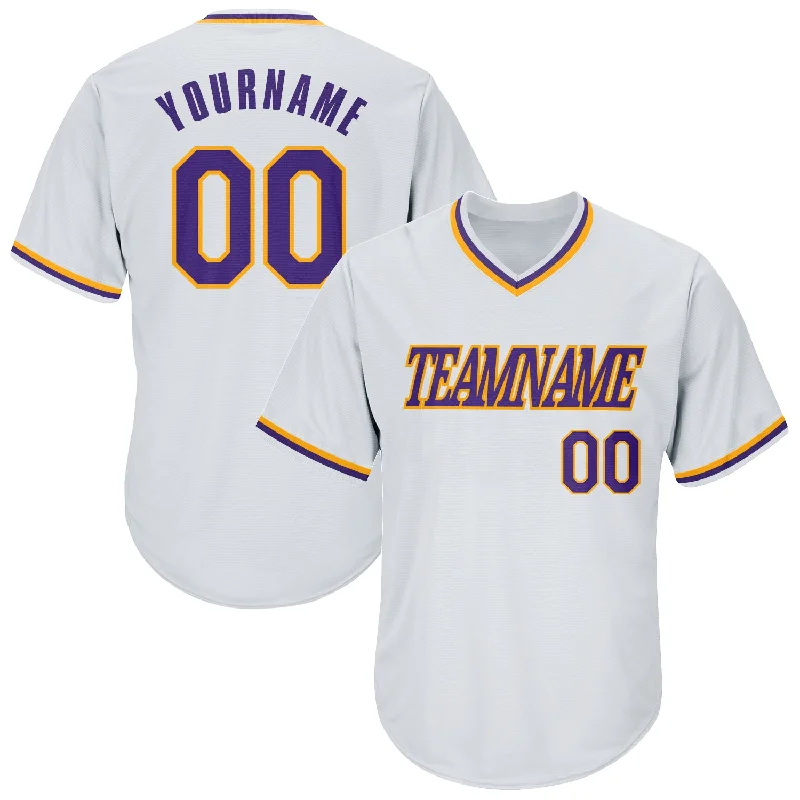 One Size White Purple-Gold Authentic Throwback Rib-Knit Baseball Jersey Shirt