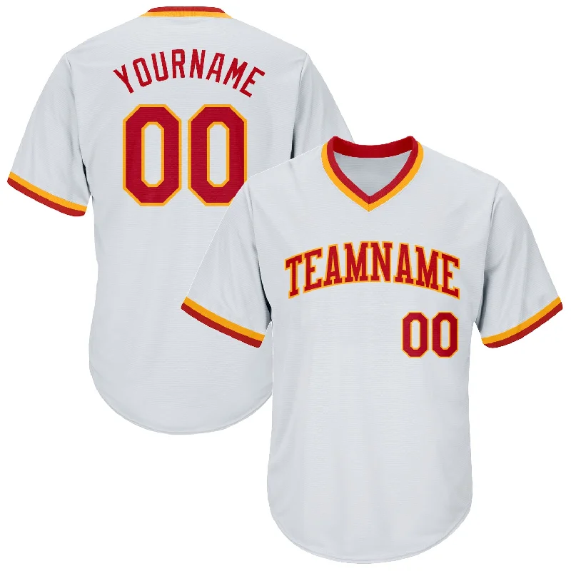 One Size White Red-Gold Authentic Throwback Rib-Knit Baseball Jersey Shirt