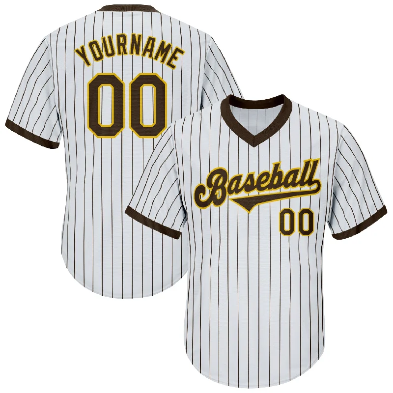 One Size White Brown Pinstripe Brown-Gold Authentic Throwback Rib-Knit Baseball Jersey Shirt