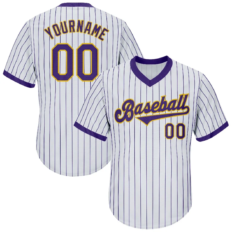 One Size White Purple Pinstripe Purple-Gold Authentic Throwback Rib-Knit Baseball Jersey Shirt