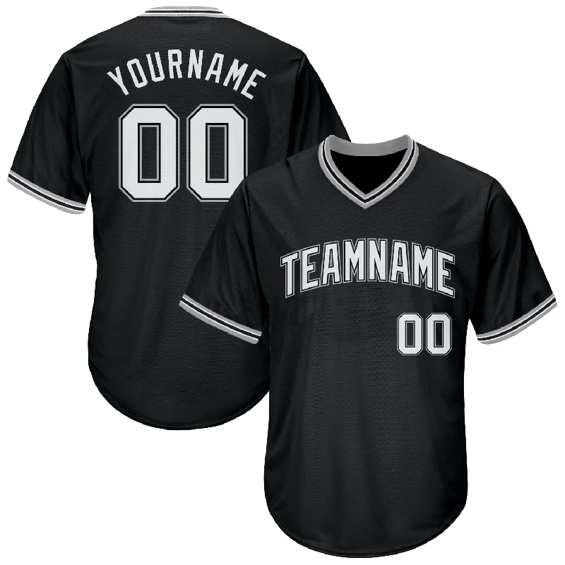 One Size Black White-Gray Authentic Throwback Rib-Knit Baseball Jersey Shirt