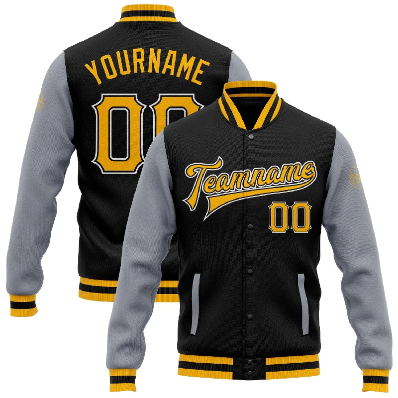 One Size Black Gold-Gray Bomber Full-Snap Varsity Letterman Two Tone Jacket