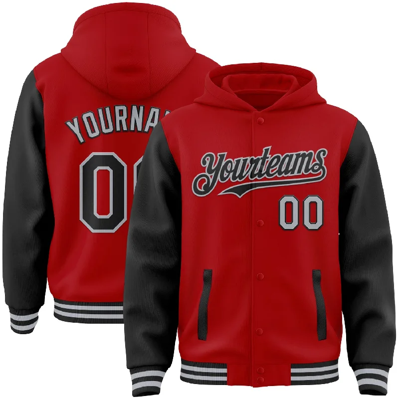 One Size Red Black-Gray Bomber Full-Snap Varsity Letterman Two Tone Hoodie Jacket