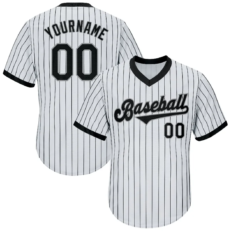 One Size White Black Pinstripe Black-Gray Authentic Throwback Rib-Knit Baseball Jersey Shirt