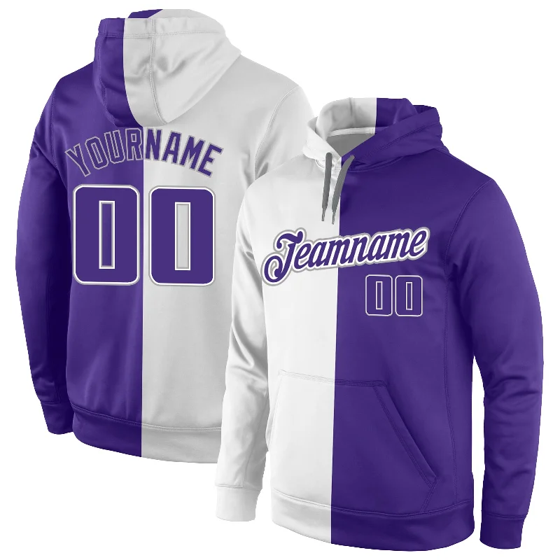 One Size Stitched White Purple-Gray Split Fashion Sports Pullover Sweatshirt Hoodie