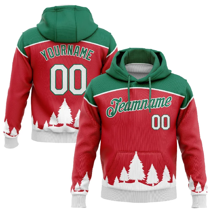 One Size Stitched Red White-Kelly Green 3D Christmas Trees Sports Pullover Sweatshirt Hoodie