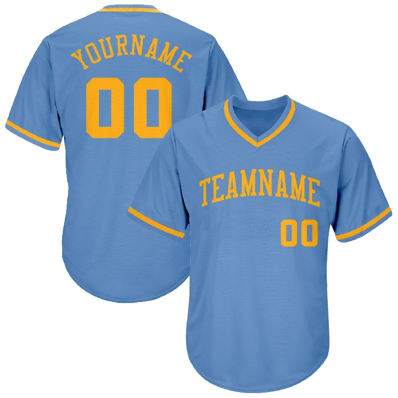 One Size Light Blue Gold Authentic Throwback Rib-Knit Baseball Jersey Shirt