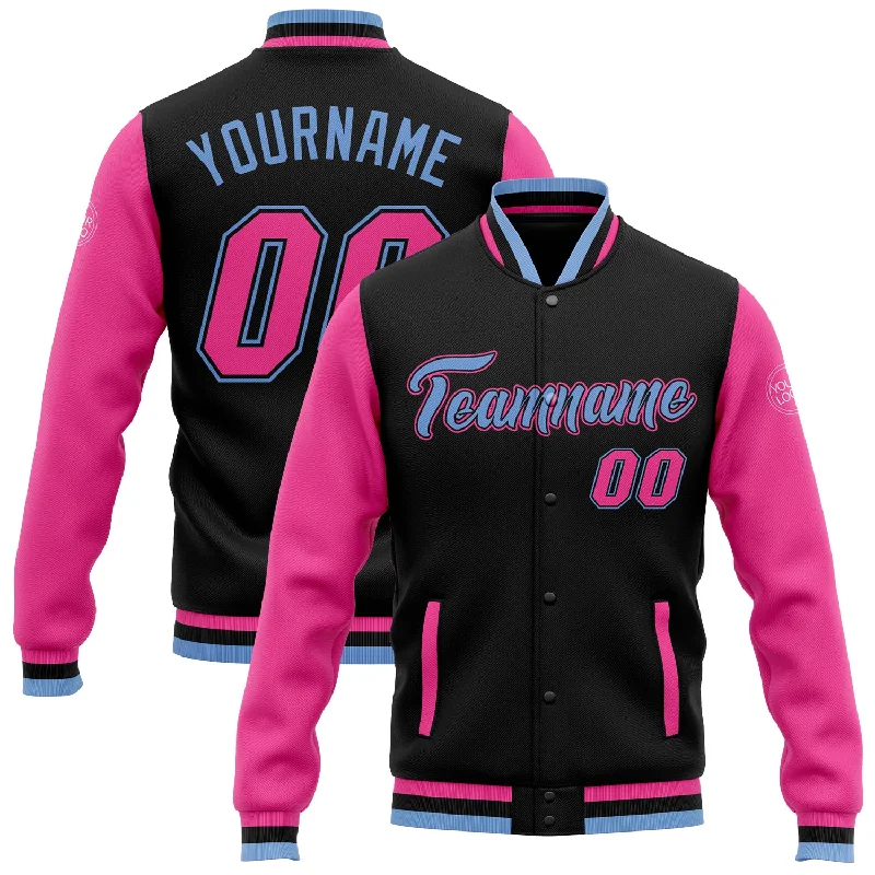 One Size Black Pink-Light Blue Bomber Full-Snap Varsity Letterman Two Tone Jacket