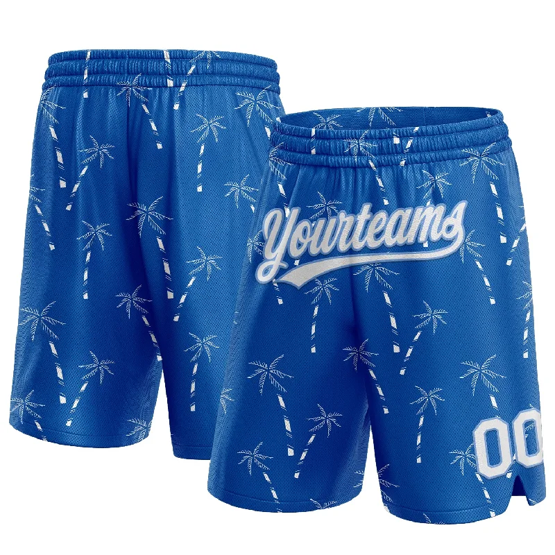 One Size Royal White-Light Blue 3D Pattern Hawaii Palm Trees Authentic Basketball Shorts