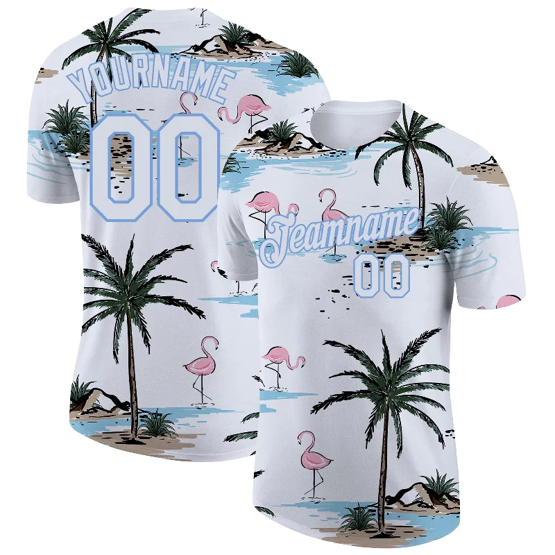 One Size White White-Light Blue 3D Pattern Design Hawaii Palm Trees Performance T-Shirt