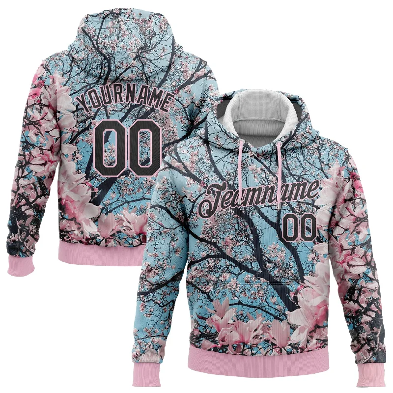 One Size Stitched Light Pink Black 3D Pattern Design Cherry Blossom Sports Pullover Sweatshirt Hoodie