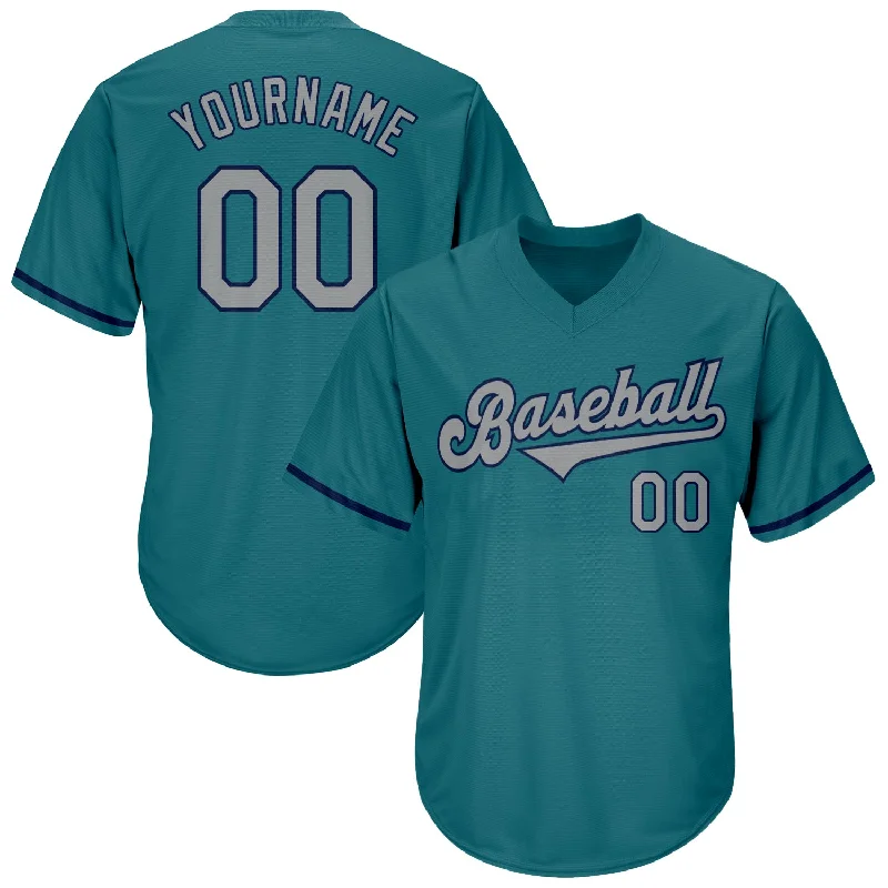 One Size Aqua Gray-Navy Authentic Throwback Rib-Knit Baseball Jersey Shirt