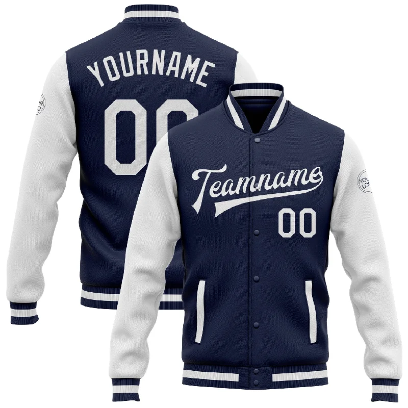 One Size Navy White Bomber Full-Snap Varsity Letterman Two Tone Jacket