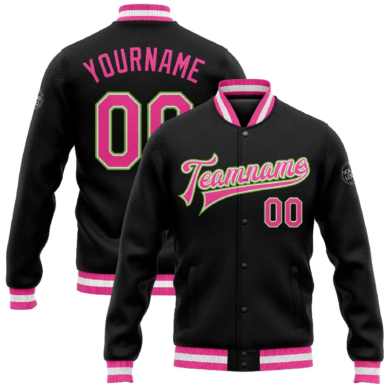 One Size Black Pink-Neon Green Bomber Full-Snap Varsity Letterman Jacket