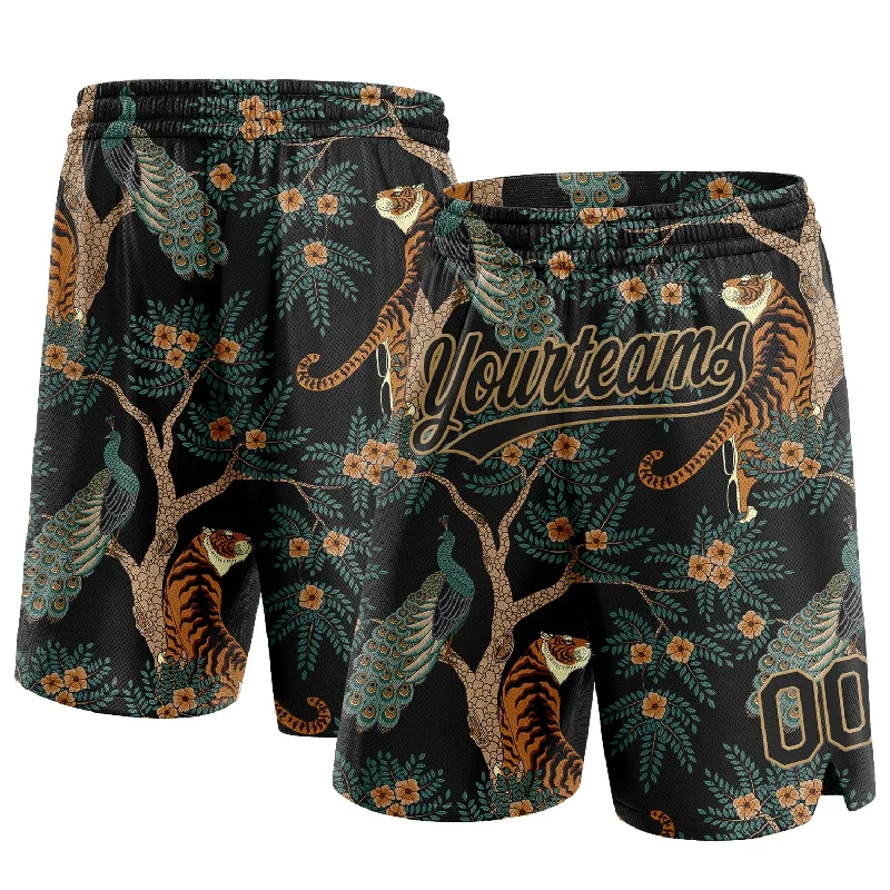 One Size Black Old Gold 3D Pattern 3D Pattern Design Tiger And Peacock Authentic Basketball Shorts