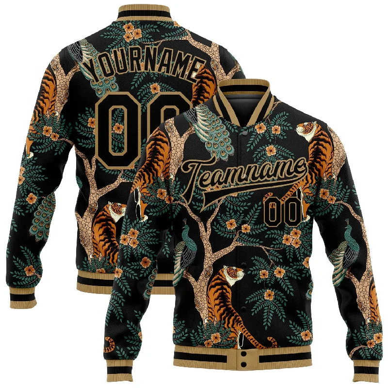 One Size Black Black-Old Gold Tiger And Peacock 3D Pattern Design Bomber Full-Snap Varsity Letterman Jacket