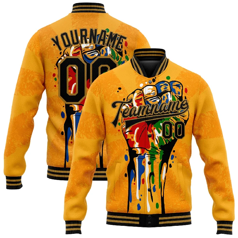 One Size Gold Black-Old Gold Black History Month 3D Pattern Design Bomber Full-Snap Varsity Letterman Jacket