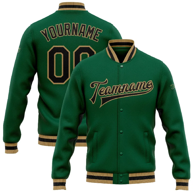 One Size Kelly Green Black-Old Gold Bomber Full-Snap Varsity Letterman Jacket