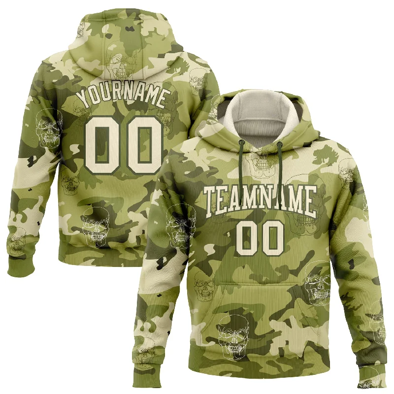 One Size Stitched Camo Cream-Olive 3D Skull Fashion Sports Pullover Sweatshirt Hoodie