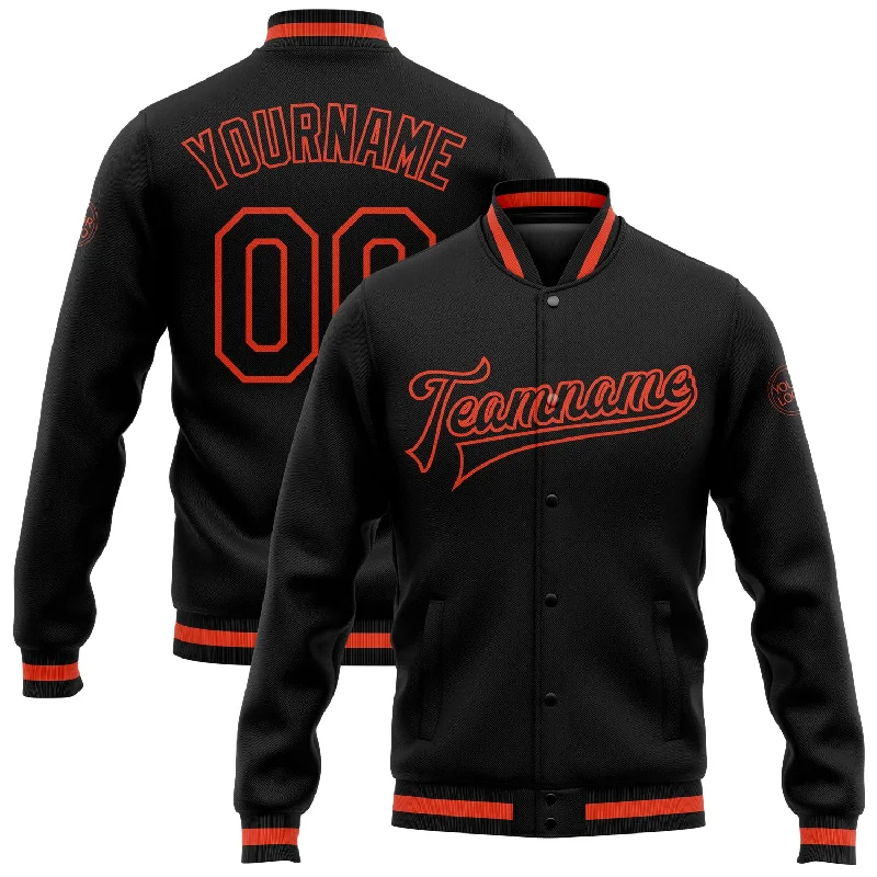 One Size Black Black-Orange Bomber Full-Snap Varsity Letterman Jacket